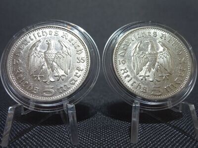 Silbermünzen-Set Drittes Reich 1935 D 1936 A 5 Reichsmark Hindenburg Erhaltung Silbermünzen-Set Drittes Reich 1935 D 1936 A 5 Reichsmark Hindenburg Erhaltung