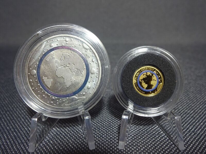 Goldmünze Set 2016 2017 5 Euro 100 Francs Deutschland Planet Erde Elfenbeinküste Blauer Polymerring 0,5