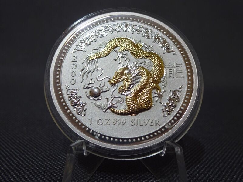 Silbermünze Australien 2000 1 Dollar Lunar I Year Dragon Drache Gilded 1 Oz Unze