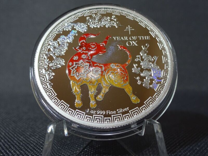 Silbermünze Niue 2021 2 Dollars Lunar Year Jahr Ox Ochse Stier Farbe PP Proof 1 Oz Unze