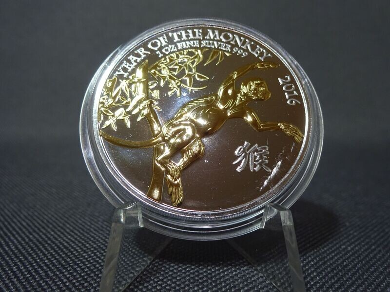 Silbermünze England 2016 2 Pounds Lunar Monkey Affe Gilded 1 Oz Unze Silbermünze England 2016 2 Pounds Lunar Monkey Affe Gilded 1 Oz Unze