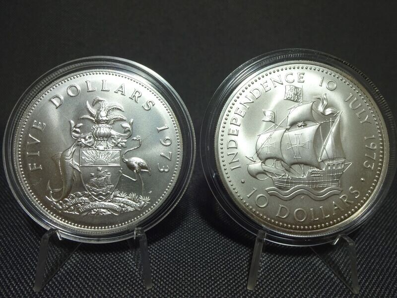 Silbermünzen Set 1973 Bahamas 5 & 10 Dollar Unabhängigkeit Segelschiff 42 & 50 mm