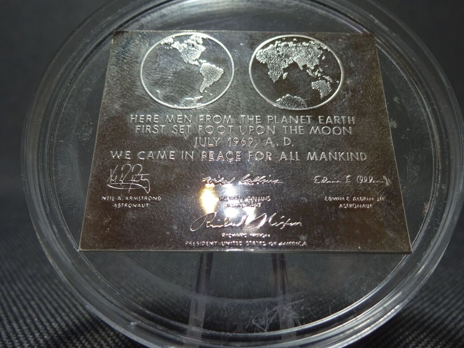 Silberplakette USA 1969 Apollo 11 Nasa Mondlandung Raumfahrt Astronaut Nixon