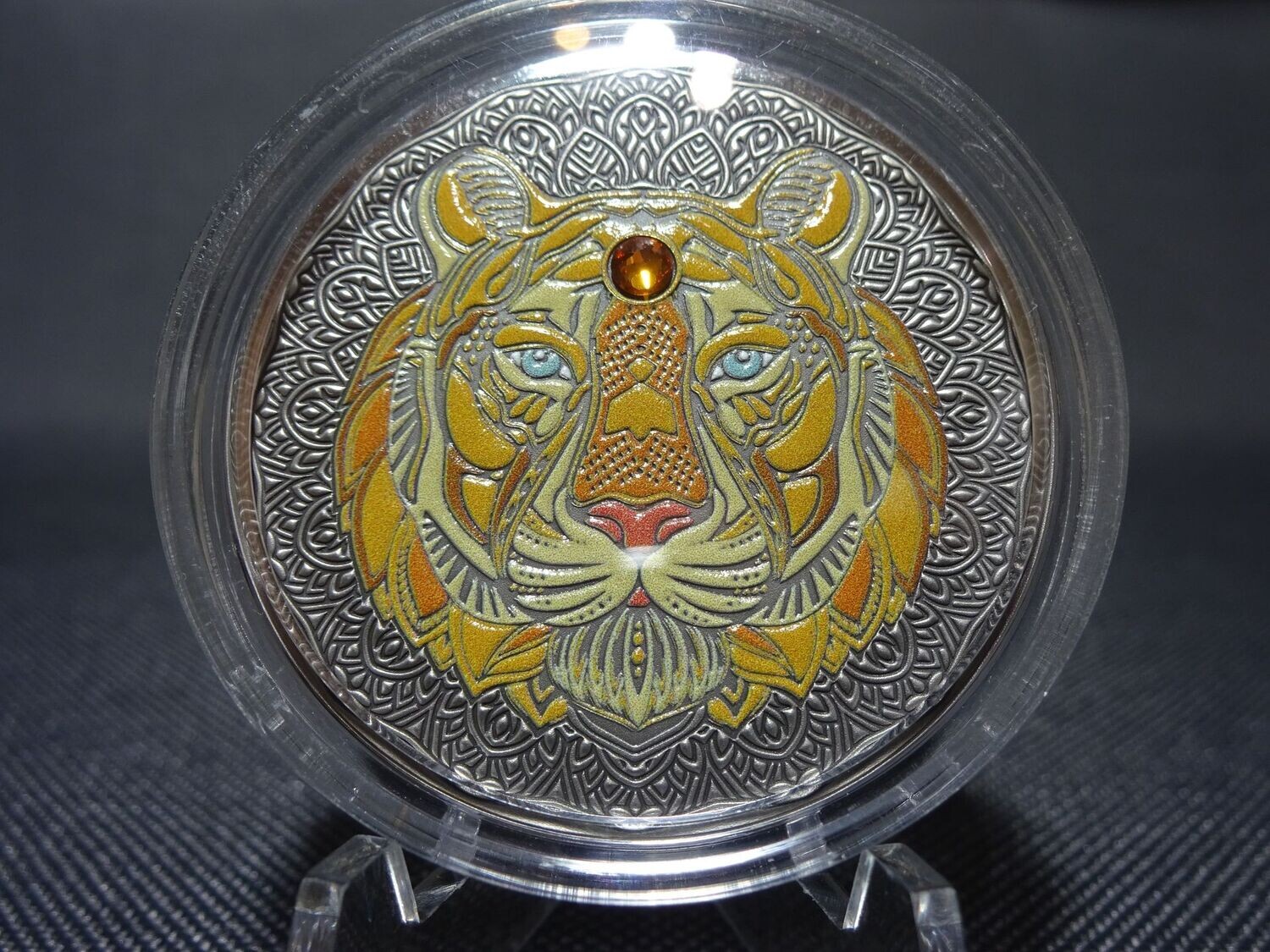 Silbermünze Ghana 2020 2 Cedis Löwe Farbe Swarovski Antik Finish 1/2 Oz Unze