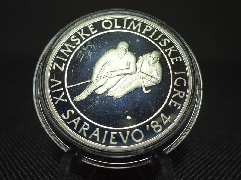 Silbermünze Jugoslawien 1982 100 Dinara Olympia 1984 Eishockey PP Proof Silbermünze Jugoslawien 1982 100 Dinara Olympia 1984 Eishockey PP Proof