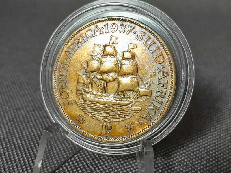 Münze Südafrika 1937 1 Penny Segelschiff George VI. Suid Afrika Patina! Münze Südafrika 1937 1 Penny Segelschiff George VI. Suid Afrika Patina!