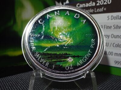 Silbermünze Kanada 2020 5 Dollars Maple Leaf Yukon Yellowknife 2nd Polar Lights Lichter Farbe 1 Oz Unze