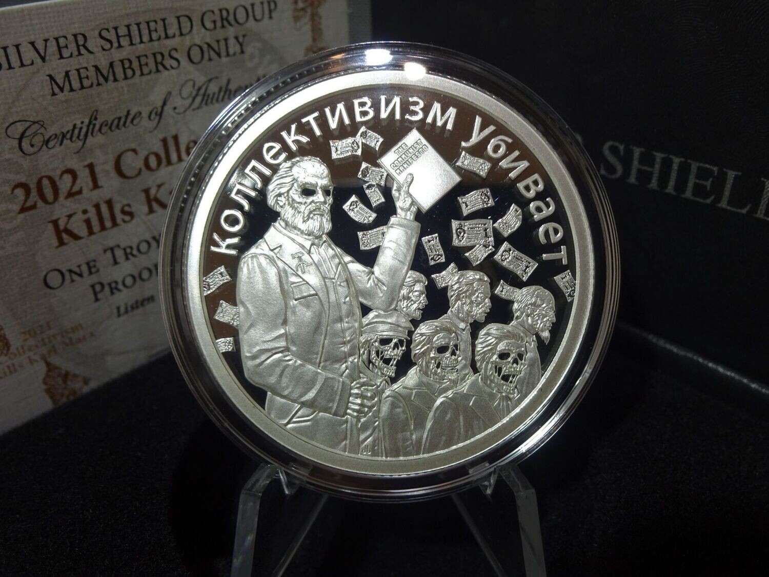 Silbermedaille USA 2021 Kollektivismus Tötet Kills Marx Silver Shield PP Proof 1 Oz Unze