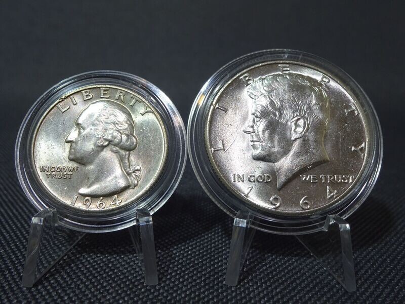 Silbermünzen Set USA 1964 1/4 Quarter 1/2 Half Dollar Kennedy Washington Liberty