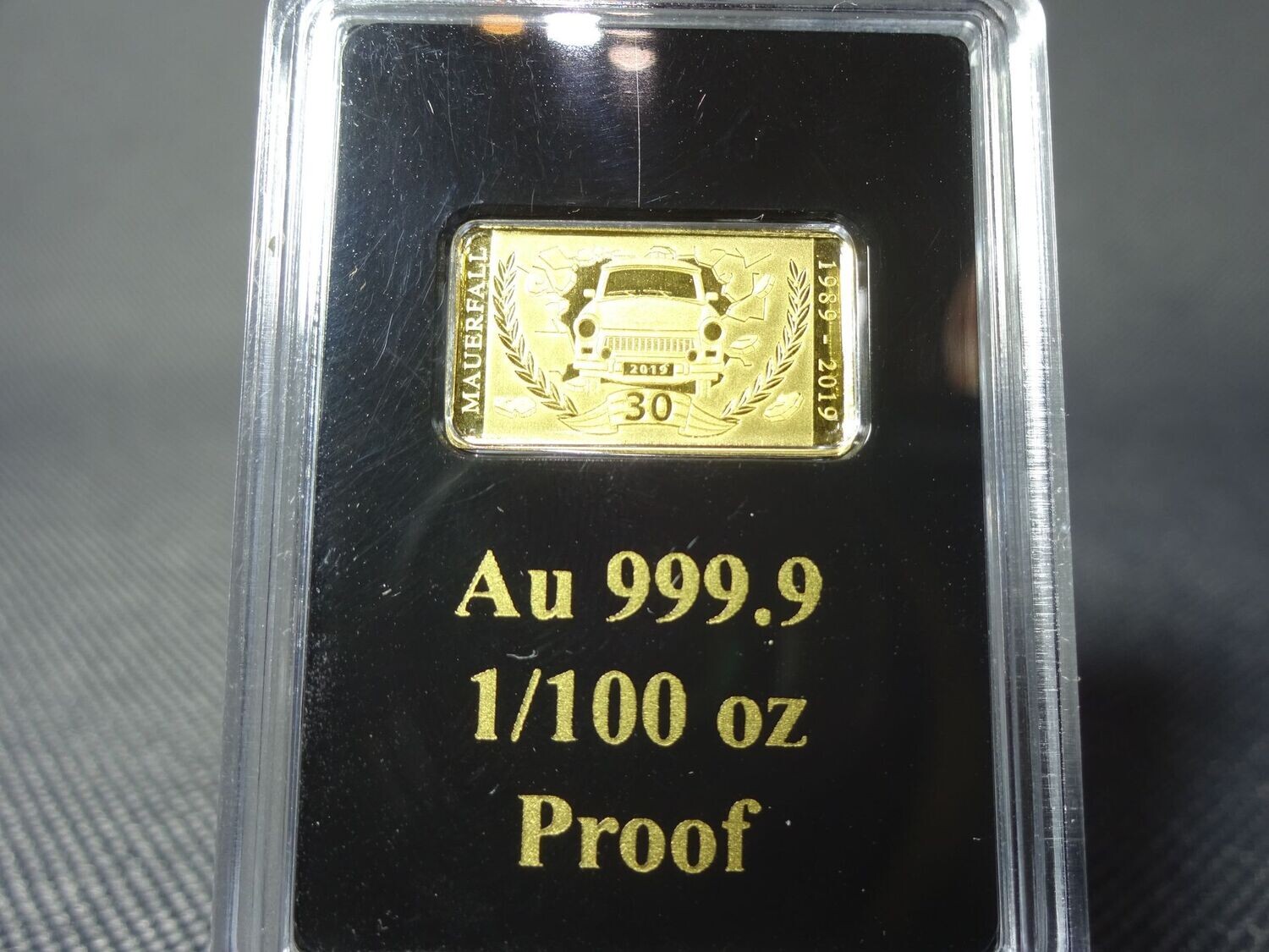 Goldbarren Deutschland 2019 Mauerfall Trabant PP Proof 1/100 Oz Unze Goldbarren Deutschland 2019 Mauerfall Trabant PP Proof 1/100 Oz Unze