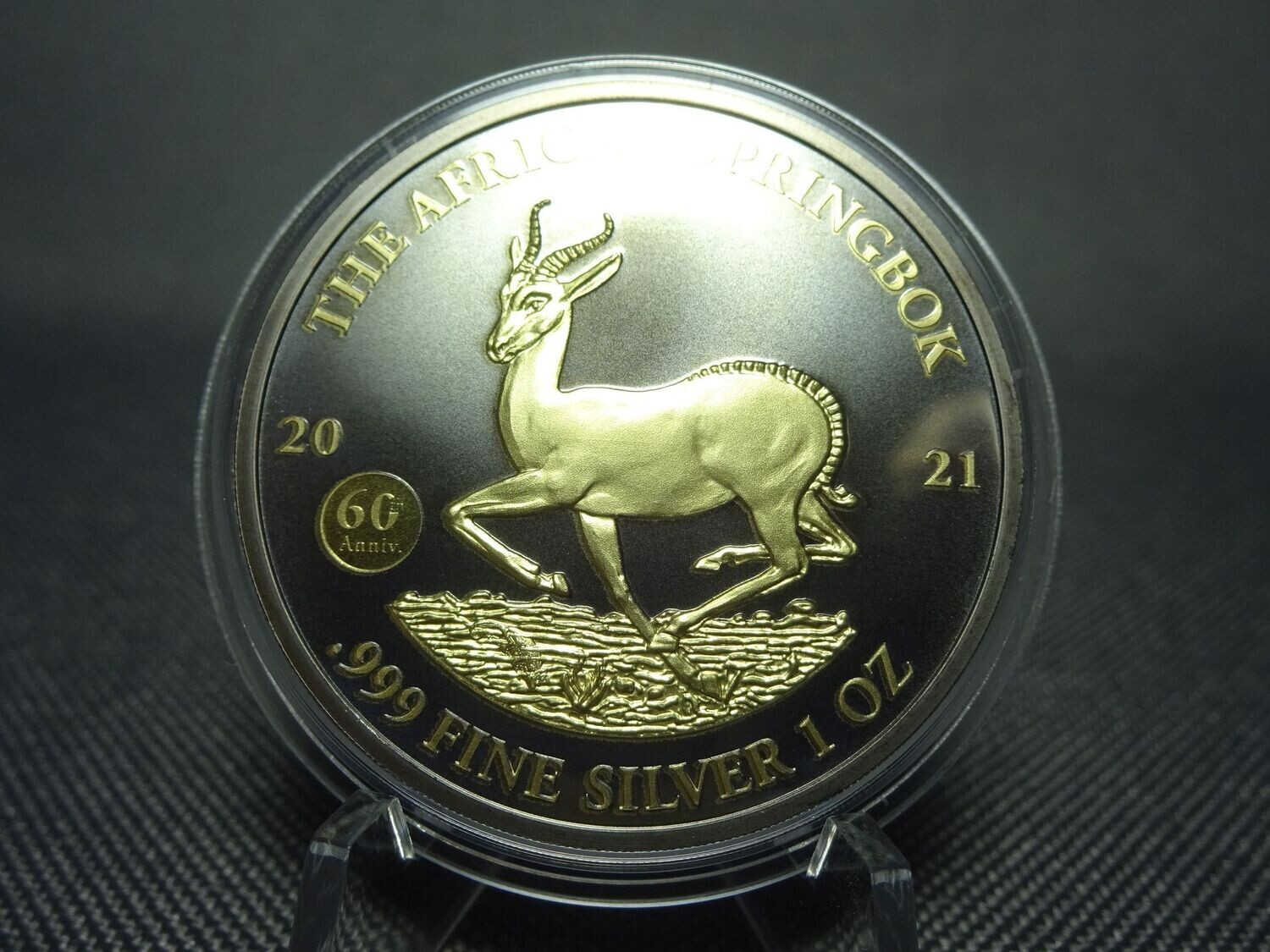 Silbermünze Gabun African Springbok 2021 1000 Francs Privy Mark 60 Jahre Gilded Ruthenium 1 Oz Unze Silbermünze Gabun African Springbok 2021 1000 Francs Privy Mark 60 Jahre Gilded Ruthenium 1 Oz Unze