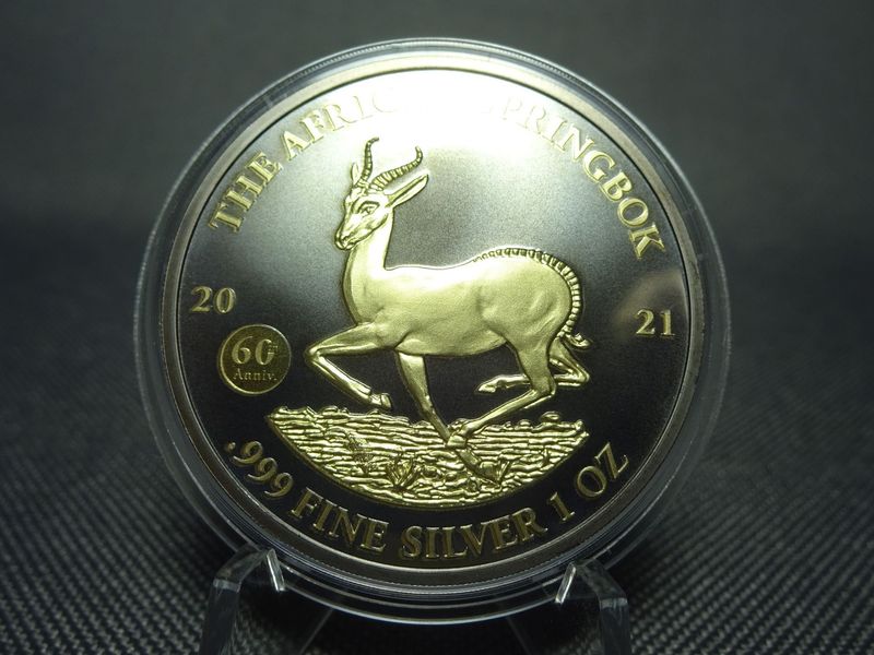 Silbermünze Gabun African Springbok 2021 1000 Francs Privy Mark 60 Jahre Gilded Ruthenium 1 Oz Unze