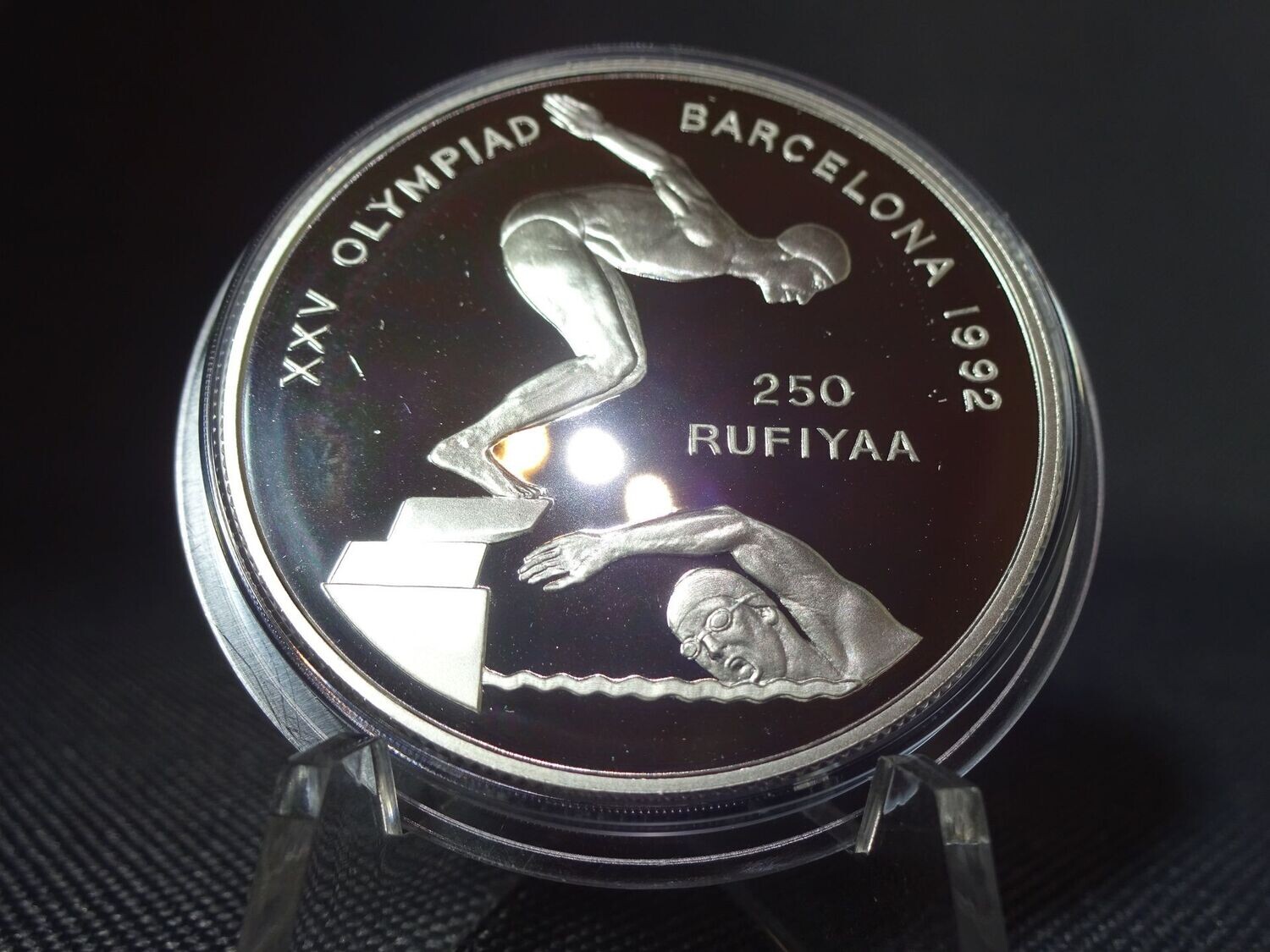 Silbermünze Malediven 1990 250 Rufiyaa Olympia 1992 Schwimmstaffel PP Proof Silbermünze Malediven 1990 250 Rufiyaa Olympia 1992 Schwimmstaffel PP Proof