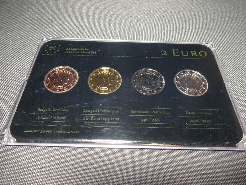 Edelmetall-Set Münze Monaco 2012 4x 2 Euro Rotgold Gelbgold Ruthenium Platin Blister