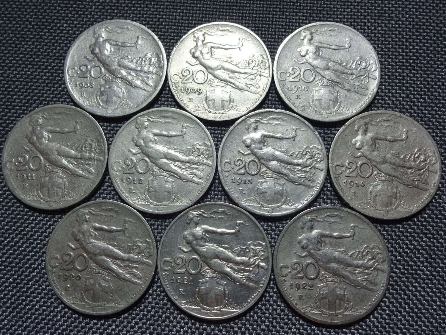 Münzen Set Italien 1908 1909 1910 1911 1912 1913 1914 1920 1921 1922 20 Centesimi