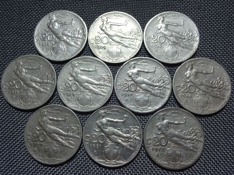 Münzen Set Italien 1908 1909 1910 1911 1912 1913 1914 1920 1921 1922 20 Centesimi