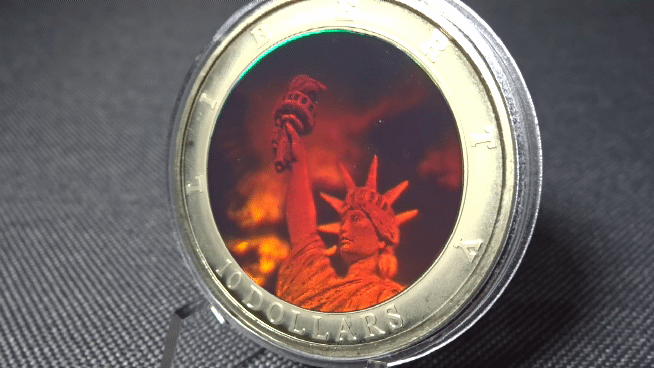 Münze Liberia 2002 10 Dollars Freiheitsstatue Lady Liberty 3D Farbe Hologramm