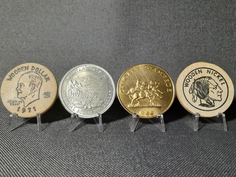 Münzen Set USA Kanada 1964 1966 1969 1971 Wooden Dollar Nickel Holz Montana Calgary Stampede Souvenir