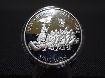 Silbermünze Südkorea 1986 5000 Won Olympia 1988 Tauziehen Proof 1/2 Oz Unze