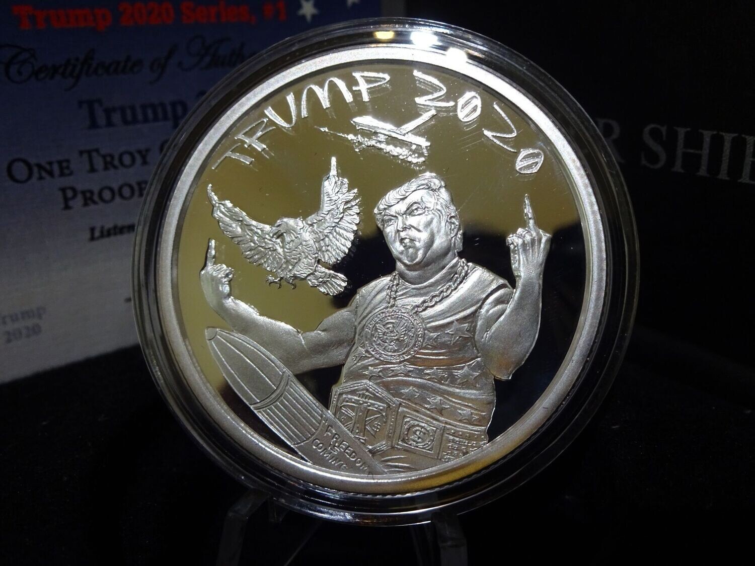 Silbermedaille USA 2020 President Donald J. Trump Freedom Is Coming Silver Shield PP Proof 1 Oz Unze