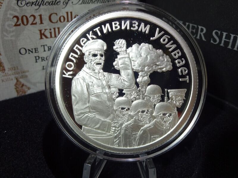 Silbermedaille USA 2021 Kollektivismus Tötet Kills Stalin Silver Shield PP Proof 1 Oz Unze
