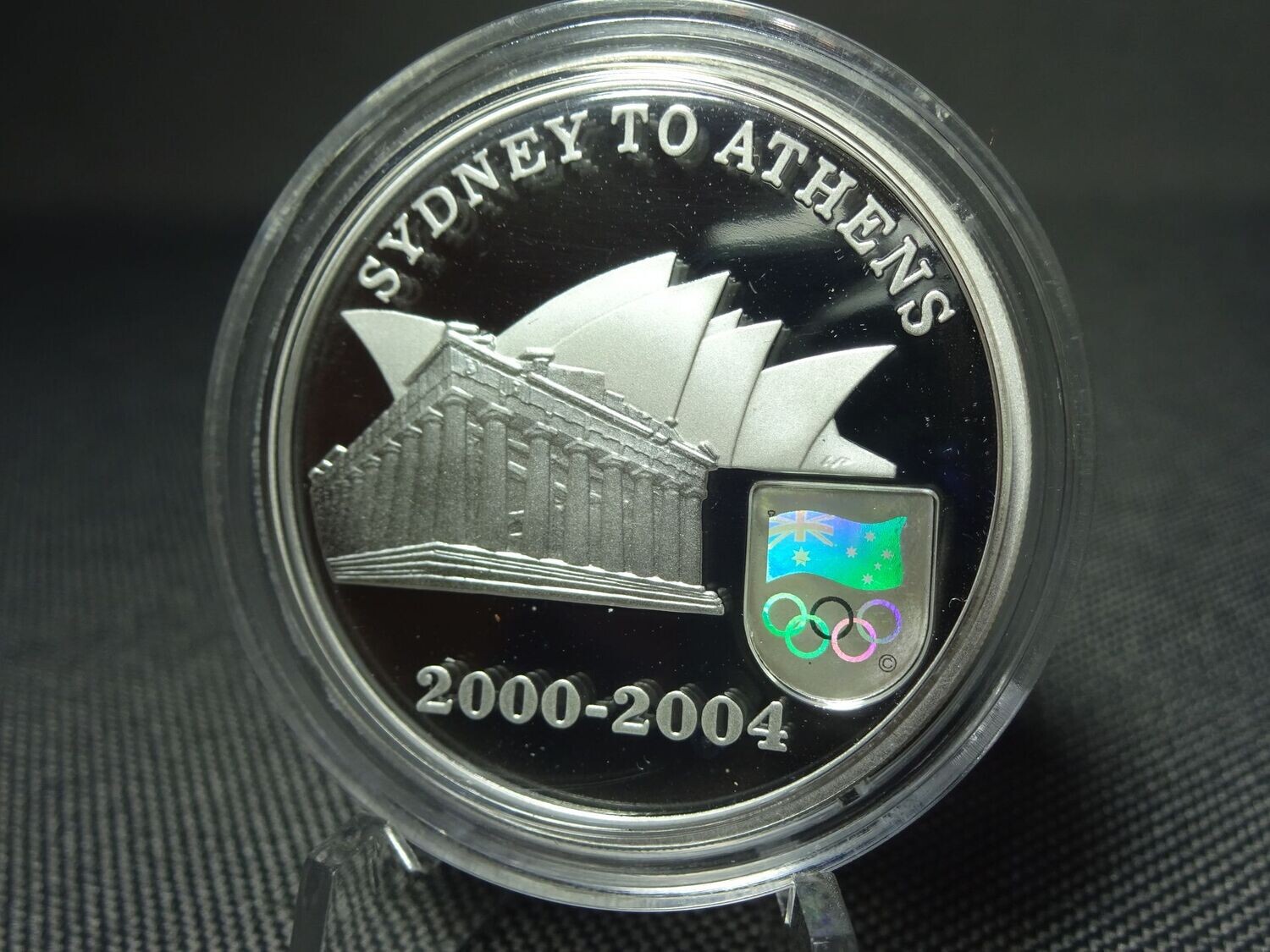Silbermünze Australien 2004 5 Dollars Sydney to Athens 2000 Olympia Parthenon Opernhaus Hologramm PP Proof