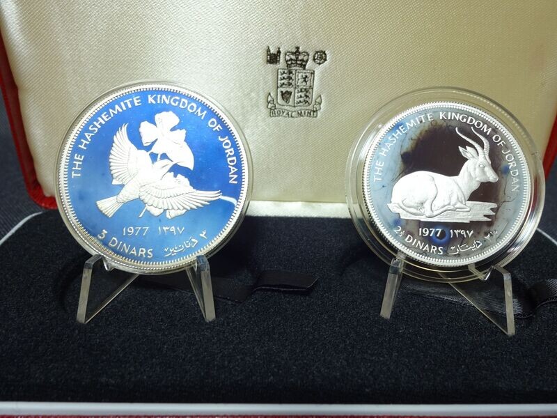 Silbermünzen Set 1977 Jordanien 2,5 3 Dinar Nektarvogel Gazelle Naturschutz Wildlife WWF PP Proof