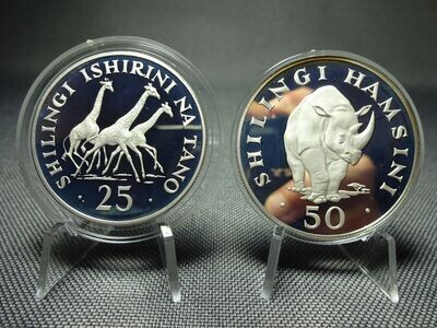 Silbermünzen Set 1974 Tansania 25 50 Schilling Giraffe Nashorn Wildlife WWF Naturschutz Proof