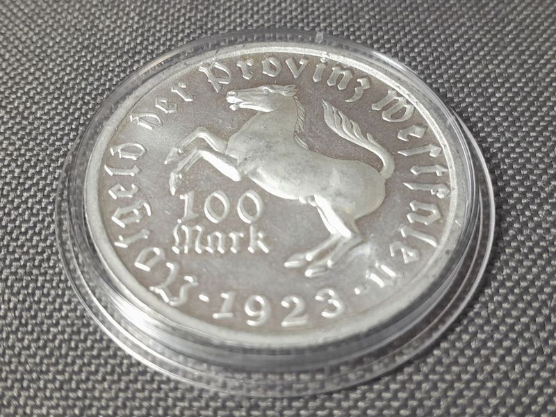 Münze Westfalen Notgeld 1923 Weimarer Republik 100 Mark Droste Hülshoff Pferd Nebengebiete Fehlprägung Münze Westfalen Notgeld 1923 Weimarer Republik 100 Mark Droste Hülshoff Pferd Nebengebiete Fehlprägung