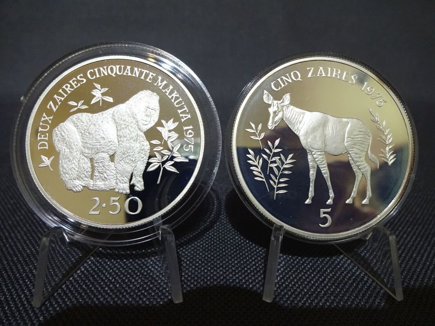 Silbermünzen Set 1975 Zaire Kongo 2,5 5 Zaires Berg-Gorilla Okapi WWF Wildlife Naturschutz Proof