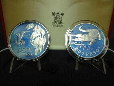 Silbermünzen 1978 Set Kolumbien 500 750 Pesos Krokodil Kolibri Wildlife WWF Naturschutz Proof