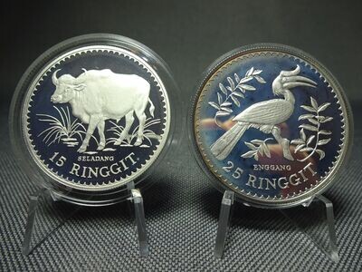 Silbermünzen Set 1976 Malaysia 15 25 Ringgit Seladang Ochse Enggang Nashornvogel Wildlife WWF Naturschutz Proof