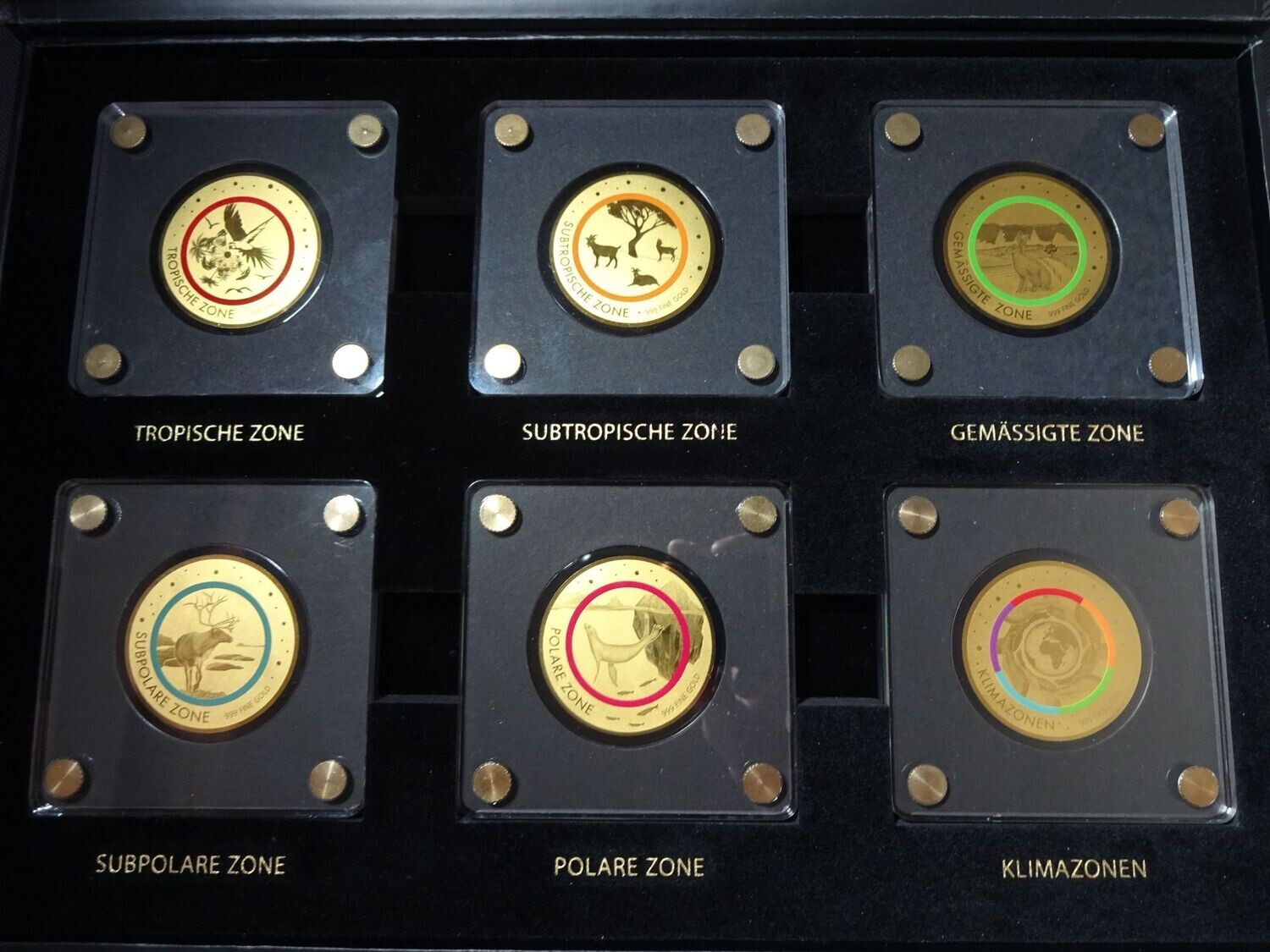Goldmünzen Set Tschad 5000 Francs Klimazonen Erde Hase Elch Vogel Robbe Farbring Farbe 1/200 Oz Unze