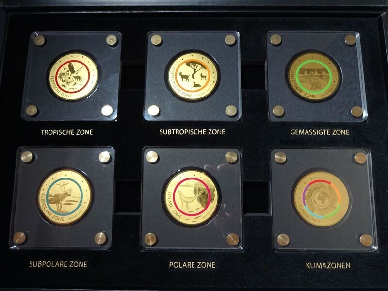 Goldmünzen Set Tschad 5000 Francs Klimazonen Erde Hase Elch Vogel Robbe Farbring Farbe 1/200 Oz Unze Goldmünzen Set Tschad 5000 Francs Klimazonen Erde Hase Elch Vogel Robbe Farbring Farbe 1/200 Oz Unze