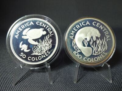 Silbermünzen Set 1974 Costa Rica 50 100 Colones Schildkröte Manatee Seekuh Wildlife WWF Naturschutz PP Proof