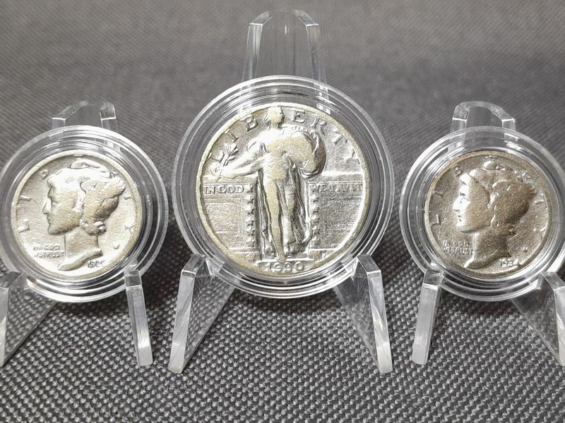 Silbermünzen Set USA 1926 1930 1934 10 25 Cent 1/4 Dollar Mercury Dime Quarter Standing Liberty