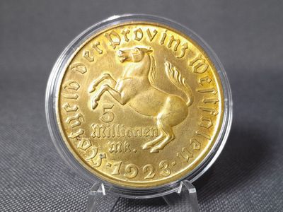 Münze Westfalen Notgeld 1923 Weimarer Republik 5 Millionen Mark Minister Pferd Nebengebiete Selten! Münze Westfalen Notgeld 1923 Weimarer Republik 5 Millionen Mark Minister Pferd Nebengebiete Selten!