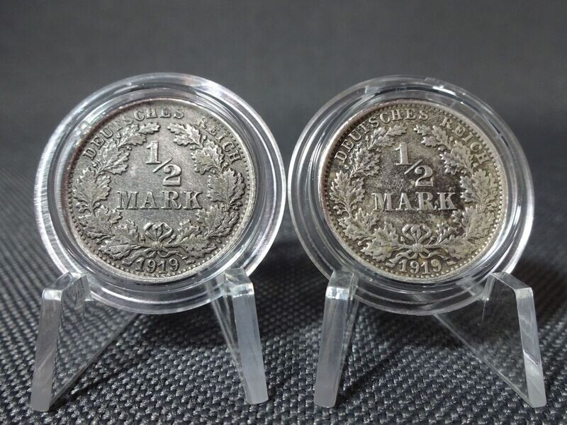 Silbermünzen Set Deutsches Kaiserreich 1919 F 1/2 Mark Stuttgart Fehlprägung