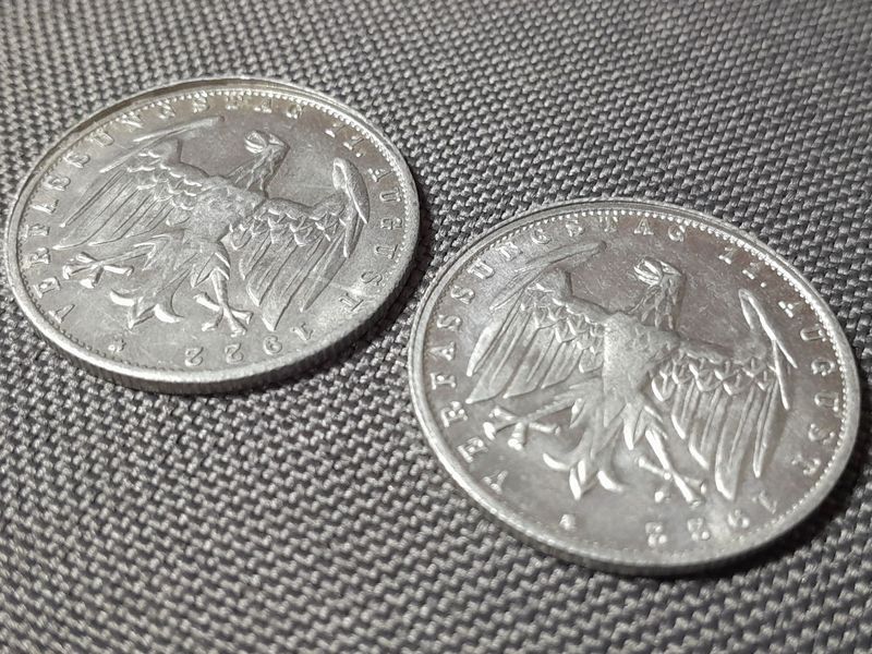 Münzen Set Weimarer Republik 1922 E 3 Mark Muldenhütten Fehlprägung Münzen Set Weimarer Republik 1922 E 3 Mark Muldenhütten Fehlprägung