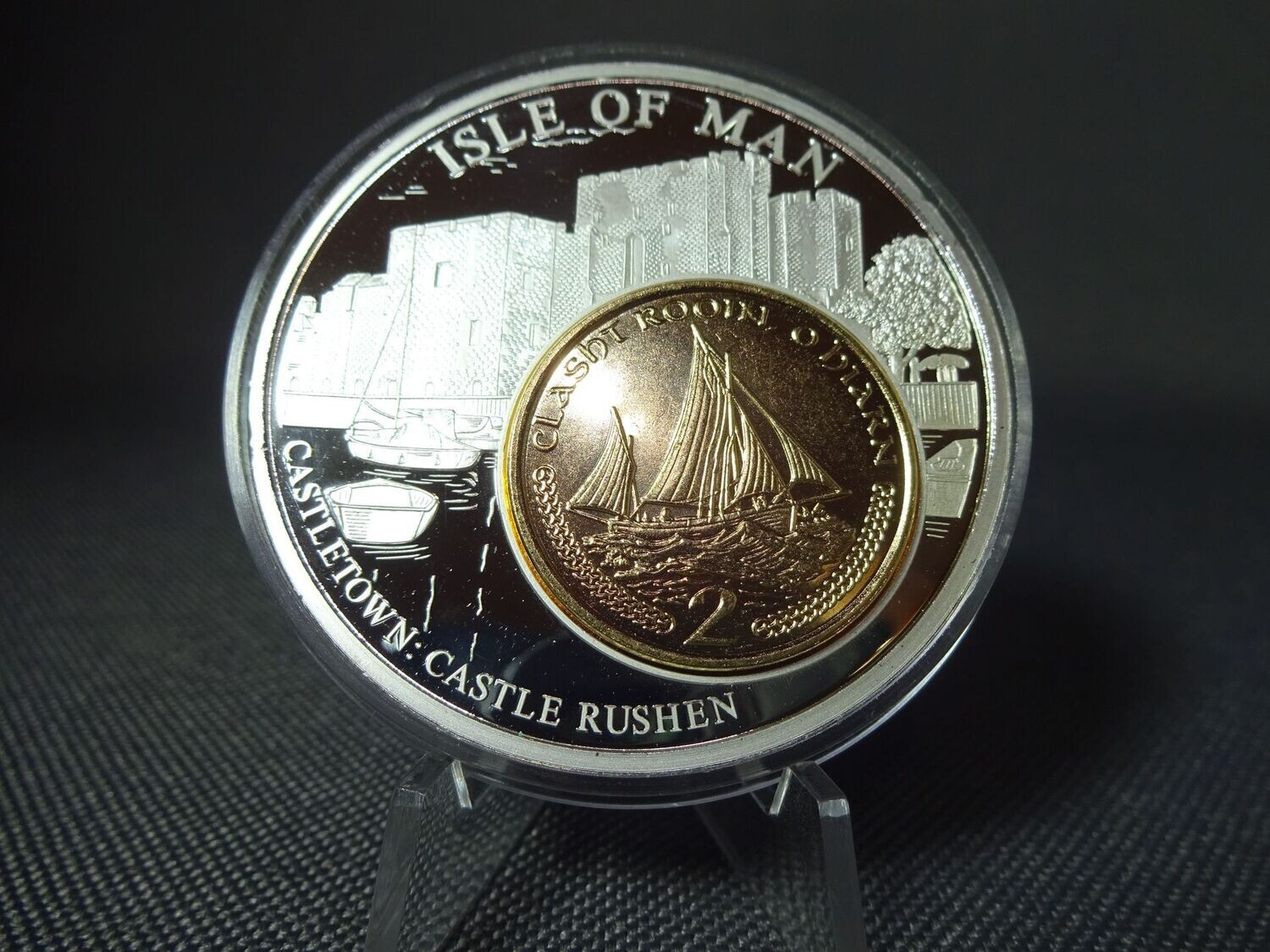 Münze Medaille Isle of Man 2002 2 Pence Castle Rushen Europa Inlay Vergoldet 50 mm