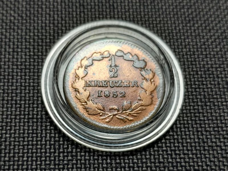 Münze Altdeutschland 1852 1/2 Kreuzer Leopold Großherzog Baden Patina Erhaltung