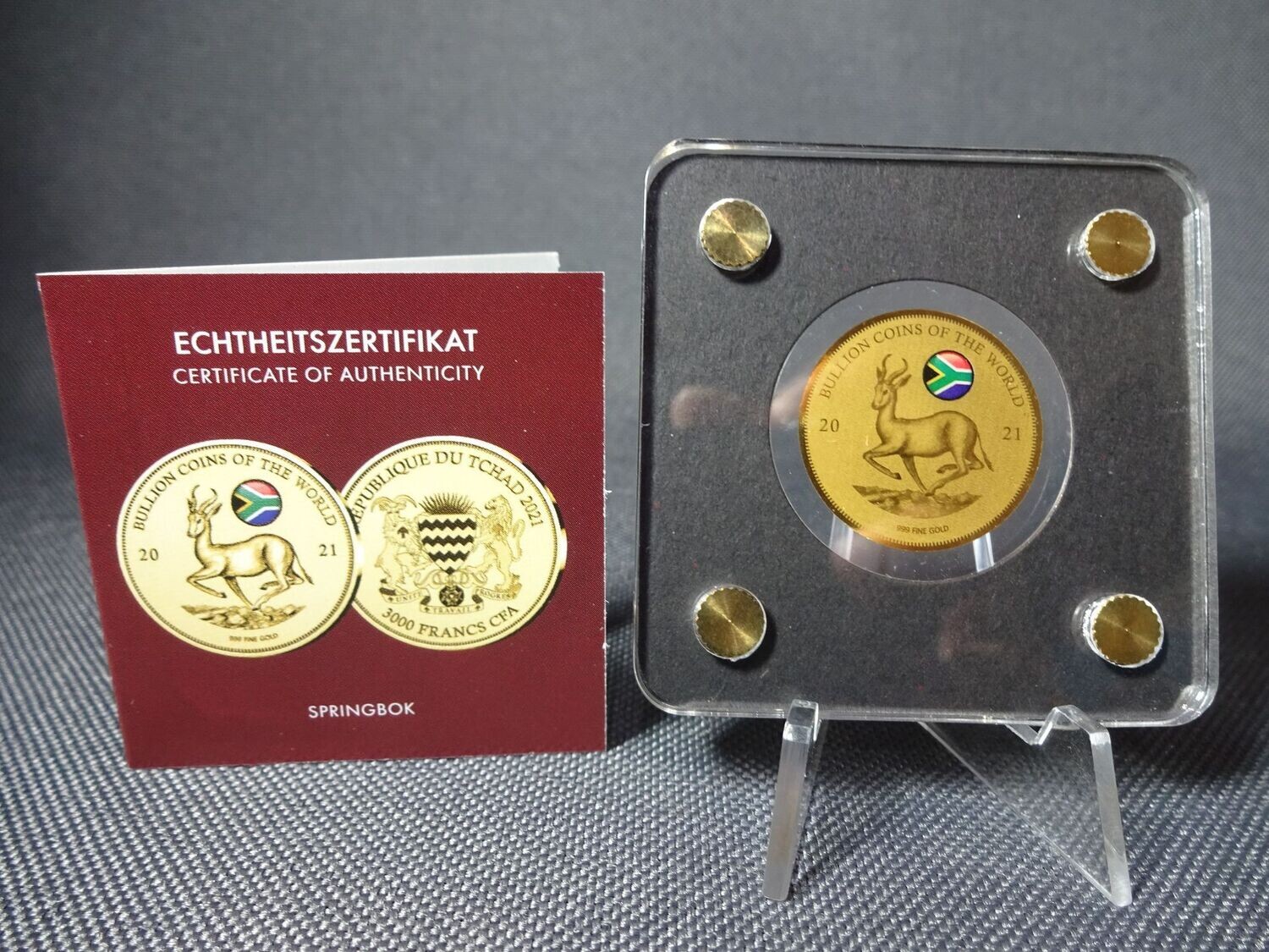 Goldmünze Tschad 2021 3000 Francs Springbok Farbe Bullion Coins of the World 1/500 Oz Unze Goldmünze Tschad 2021 3000 Francs Springbok Farbe Bullion Coins of the World 1/500 Oz Unze
