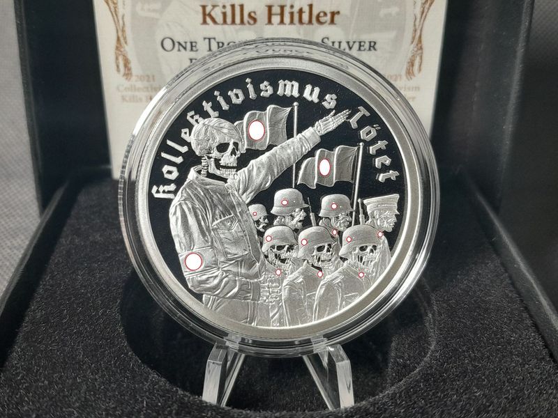 Silbermedaille USA 2021 Kollektivismus Tötet Kills Hitler Zombie Silver Shield PP Proof 1 Oz Unze