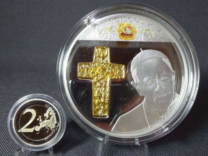 Medaille Vatikan 2015 Papst Franziskus Kreuz Inlay Vergoldet Proof 70 mm Gigantenprägung