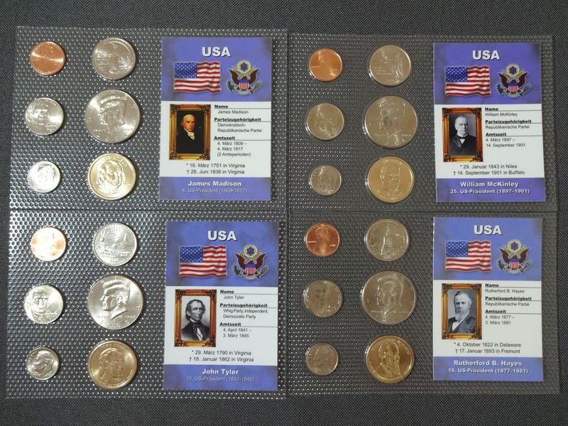 Kursmünzensatz KMS Set USA 1 Cent - 1 Dollar President Madison McKinley Tyler Hayes Kursmünzensatz KMS Set USA 1 Cent - 1 Dollar President Madison McKinley Tyler Hayes