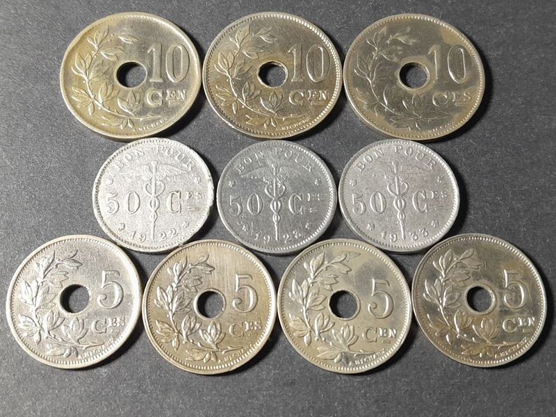 Münzen Set Belgien 1920 1922 1923 1924 1925 1927 1929 1933 5 10 50 Centimes Erhaltung