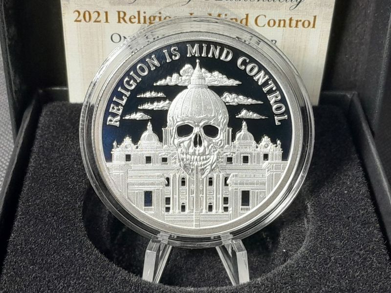 Silbermedaille USA 2021 Religion is Mind Control Vatikan Silver Shield PP Proof 1 Oz Unze