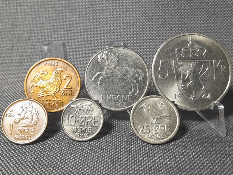 Münzen Set Norwegen 1960 1962 1963 1964 1 2 5 10 25 Öre Kronen Olav V. Norge Erhaltung!
