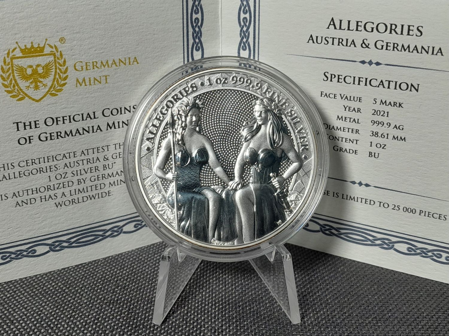 Silbermedaille Polen 2021 5 Mark Allegories Austria Germania Mint 1 Oz Unze Silbermedaille Polen 2021 5 Mark Allegories Austria Germania Mint 1 Oz Unze