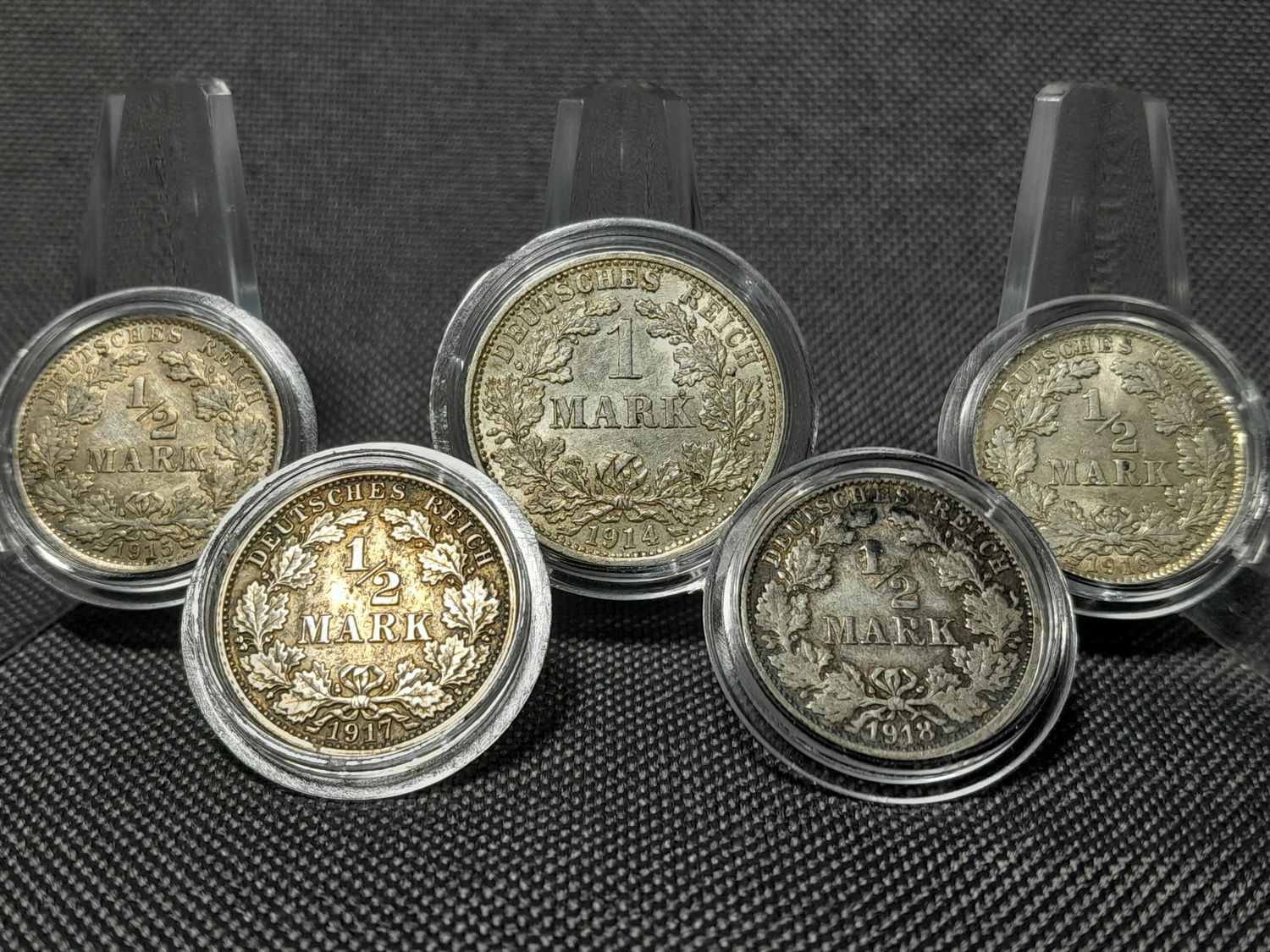 Silbermünzen Set 1914 - 1918 Deutsches Kaiserreich 1/2 1 A D F Mark Fehlprägung Silbermünzen Set 1914 - 1918 Deutsches Kaiserreich 1/2 1 A D F Mark Fehlprägung